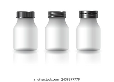 Weiße runde Ergänzungen oder Medikamentenflaschen 3 Styles schwarzer Deckel für Schönheit oder gesundes Produkt. Isoliert auf weißem Hintergrund. Bereit für den Paketentwurf. Vektorgrafik.