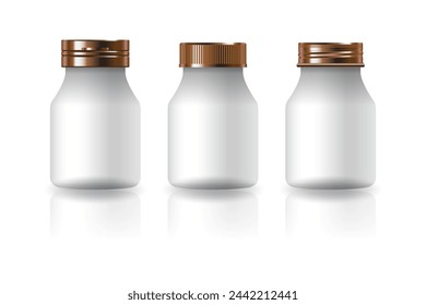 White round supplements or medicine bottles 3 styles pink gold lid for beauty or healthy product. Isolated on white background. Ready to use for package design. Vector illustration.