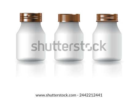White round supplements or medicine bottles 3 styles pink gold lid for beauty or healthy product. Isolated on white background. Ready to use for package design. Vector illustration.