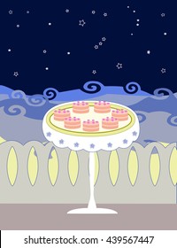 White round table with cakes in the night cafe on the seaside.