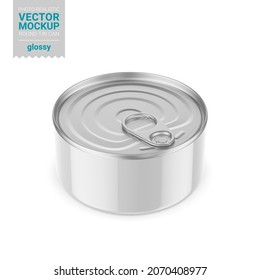 White Round Tin Can With Pull Tab. Glossy Finish. Hi-angle View. Photorealistic Packaging Mockup Template. Contains An Accurate Mesh To Wrap Your Artwork With The Correct Envelope Distortion