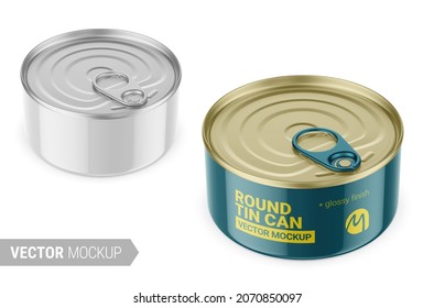 White round tin can with pull tab. Glossy finish. Hi-angle view. Photorealistic packaging mockup template. Contains an accurate mesh to wrap your artwork with the correct envelope distortion