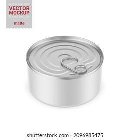 White round tin can with pull tab. Matte finish. Hi-angle view. Photorealistic packaging mockup template. Contains an accurate mesh to wrap your artwork with the correct envelope distortion
