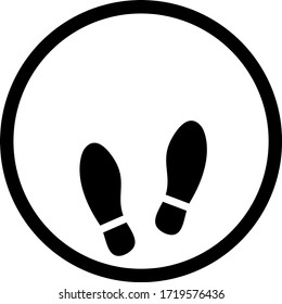 White Round Wait Here Floor Marking Icon with Shoeprints and Empty Space for Text. Vector Image.