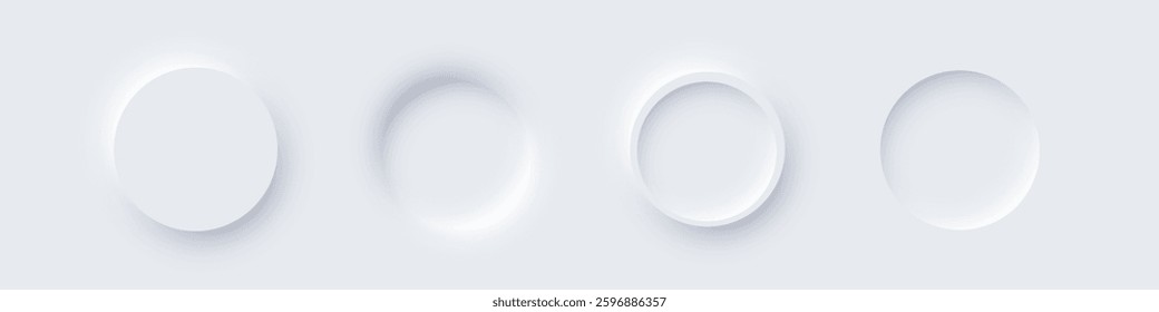 White round web buttons. Soft glowing circular UI elements in modern neomorphism style. Abstract 3D buttons with subtle shadows and light effects. Minimalist vectors for apps, digital interfaces.