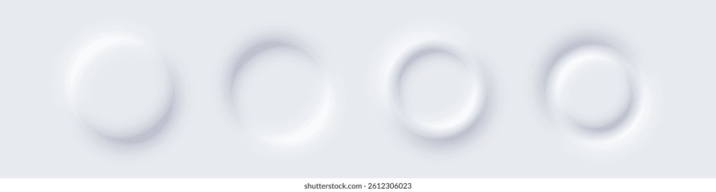 White round web buttons. Soft glowing circular UI elements in modern neomorphism style. Abstract 3D buttons with subtle shadows and light effects. Minimalist vectors for apps, digital interfaces.