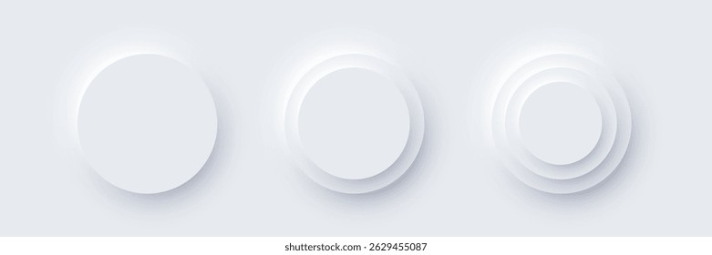 White round web buttons. Soft glowing circular UI elements in modern neomorphism style. Abstract 3D buttons with subtle shadows and light effects. Minimalist vectors for apps, digital interfaces.