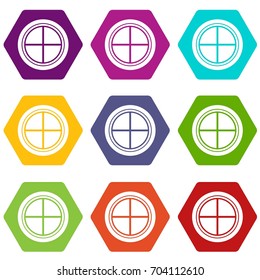 White round window icon set many color hexahedron isolated on white vector illustration