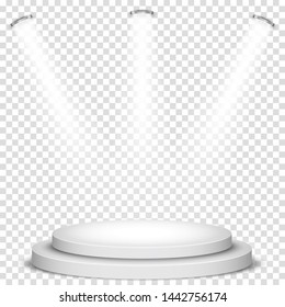 White round winner podium on transparency background. Stage with studio lights for awards ceremony.  light effect from lamp or spotlight. 