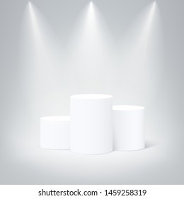 White round winners podium. Vector pedestal illuminated mockup isolated on gray background. Champion, first place, award, win, winner