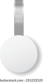White round wobblers are hanging on gray ribbons, creating a simple yet effective display for advertising or promotions in a supermarket or retail setting