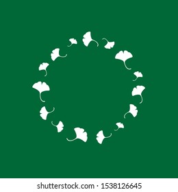 White round wreath from ginkgo biloba leaves  isolated on dark green background. Floral circle garland for greeting cards. Vector illustration. 