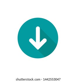white rounded arrow down with shadow in blue circle icon.  flat download sign isolated on white. point down button. south sign.
