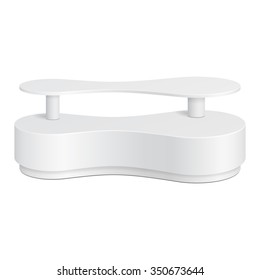 White Rounded POS POI Plastic Metaball Floor Display Rack For Supermarket Blank Empty Displays With Shelves Products On White Background Isolated. Ready For Your Design. Product Packing. Vector EPS10