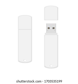 White rounded USB flash drive with open and closed cover cap. Simple flat vector illustration isolated on white background 