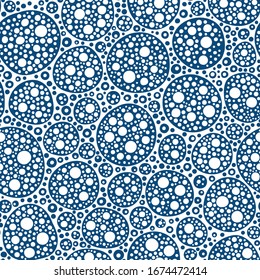 White Rounds On Blue. Abstract Biological Cells. Vector Seamless Pattern