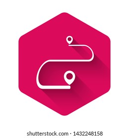 White Route location icon isolated with long shadow. Map pointer sign. Concept of path or road. GPS navigator. Pink hexagon button. Vector Illustration