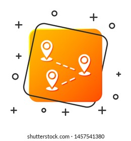 White Route location icon isolated on white background. Map pointer sign. Concept of path or road. GPS navigator. Orange square button. Vector Illustration