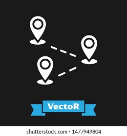 White Route location icon isolated on black background. Map pointer sign. Concept of path or road. GPS navigator.  Vector Illustration