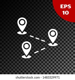White Route location icon isolated on transparent dark background. Map pointer sign. Concept of path or road. GPS navigator.  Vector Illustration