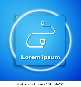 White Route location icon isolated on blue background. Map pointer sign. Concept of path or road. GPS navigator. Blue square button. Vector Illustration