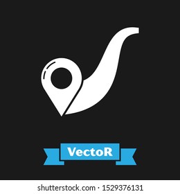 White Route location icon isolated on black background. Map pointer sign. Concept of path or road. GPS navigator.  Vector Illustration
