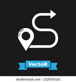 White Route location icon isolated on black background. Map pointer sign. Concept of path or road. GPS navigator.  Vector Illustration