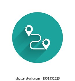 White Route location icon isolated with long shadow. Map pointer sign. Concept of path or road. GPS navigator. Green circle button. Vector Illustration