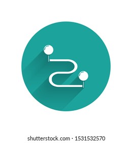 White Route location icon isolated with long shadow. Map pointer sign. Concept of path or road. GPS navigator. Green circle button. Vector Illustration