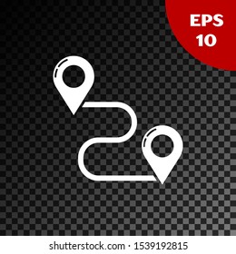 White Route location icon isolated on transparent dark background. Map pointer sign. Concept of path or road. GPS navigator.  Vector Illustration