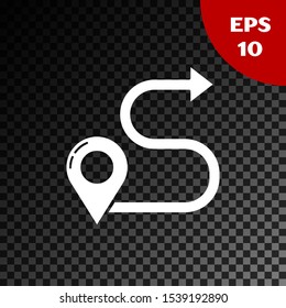 White Route location icon isolated on transparent dark background. Map pointer sign. Concept of path or road. GPS navigator.  Vector Illustration