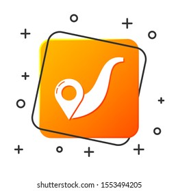 White Route location icon isolated on white background. Map pointer sign. Concept of path or road. GPS navigator. Orange square button. Vector Illustration