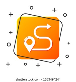 White Route location icon isolated on white background. Map pointer sign. Concept of path or road. GPS navigator. Orange square button. Vector Illustration