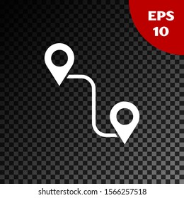 White Route location icon isolated on transparent dark background. Map pointer sign. Concept of path or road. GPS navigator.  Vector Illustration