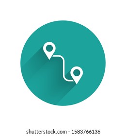 White Route location icon isolated with long shadow. Map pointer sign. Concept of path or road. GPS navigator. Green circle button. Vector Illustration
