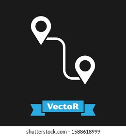 White Route location icon isolated on black background. Map pointer sign. Concept of path or road. GPS navigator.  Vector Illustration