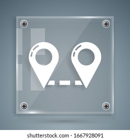 White Route location icon isolated on grey background. Map pointer sign. Concept of path or road. GPS navigator. Square glass panels. Vector Illustration
