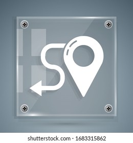 White Route location icon isolated on grey background. Map pointer sign. Concept of path or road. GPS navigator. Square glass panels. Vector Illustration
