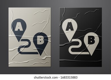 White Route location icon isolated on crumpled paper background. Map pointer sign. Concept of path or road. GPS navigator. Paper art style. Vector Illustration