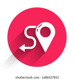 White Route location icon isolated with long shadow. Map pointer sign. Concept of path or road. GPS navigator. Red circle button. Vector Illustration