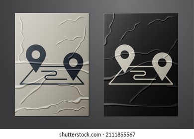 White Route location icon isolated on crumpled paper background. Map pointer sign. Concept of path or road. GPS navigator. Paper art style. Vector