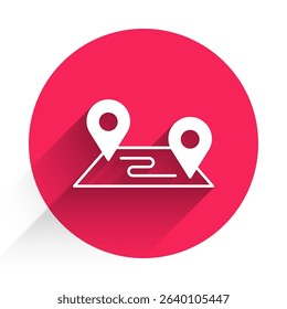 White Route location icon isolated with long shadow background. Map pointer sign. Concept of path or road. GPS navigator. Red circle button. Vector