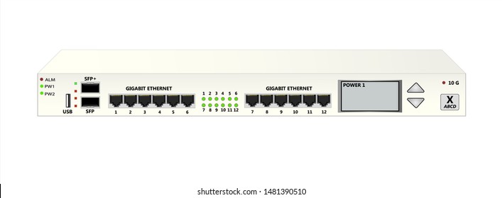 White Router IP Traffic For Mounting With A 19 Inch Rack. SFP, SFP+, USB,  RG-45 Connectors And Router Management Screen. Vector Illustration.