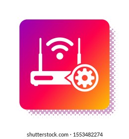 White Router and wi-fi signal and gear icon isolated on white background. Adjusting app, service concept, setting options, maintenance, repair, fixing. Square color button. Vector Illustration