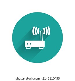 White Router and wi-fi signal icon isolated with long shadow background. Wireless ethernet modem router. Computer technology internet. Green circle button. Vector