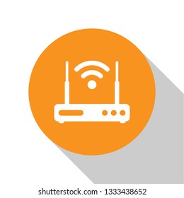 White Router and wi-fi signal symbol icon isolated on white background. Wireless ethernet modem router. Computer technology internet. Orange circle button. Flat design. Vector Illustration