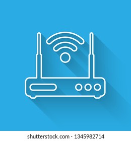 White Router and wi-fi signal symbol icon isolated with long shadow. Wireless ethernet modem router. Computer technology internet. Vector Illustration