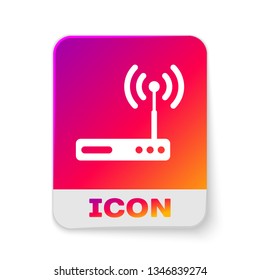 White Router and wi-fi signal symbol icon isolated on white background. Wireless ethernet modem router. Computer technology internet. Rectangle color button. Vector Illustration