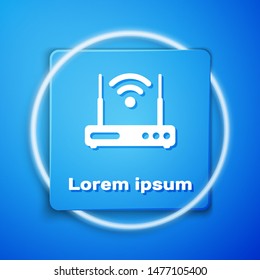 White Router and wi-fi signal symbol icon isolated on blue background. Wireless ethernet modem router. Computer technology internet. Blue square button. Vector Illustration