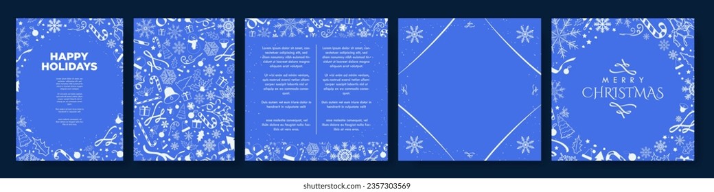 White and Royal Blue Christmas Card Templates. Simple Card and vertical poster xmas templates with white christmas doodle elements. Vector. 